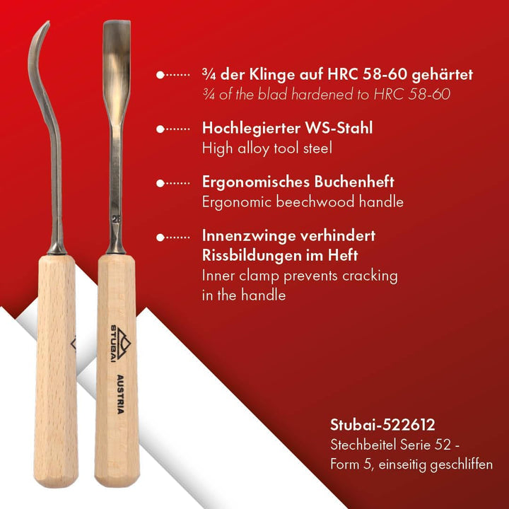 STUBAI Stemmeisen Stechbeitel Serie 52 - Form 26 | Gekröpftes Hohleisen 12 mm, mit Holzgriff, zum Vo