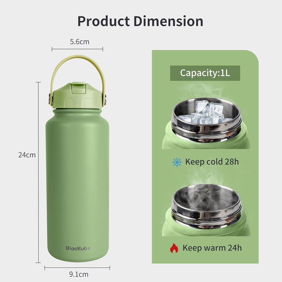 Blackube Edelstahl Trinkflasche mit Strohhalm-trinkflasche 1l-Thermosflasche Thermoskanne - BPA-Frei