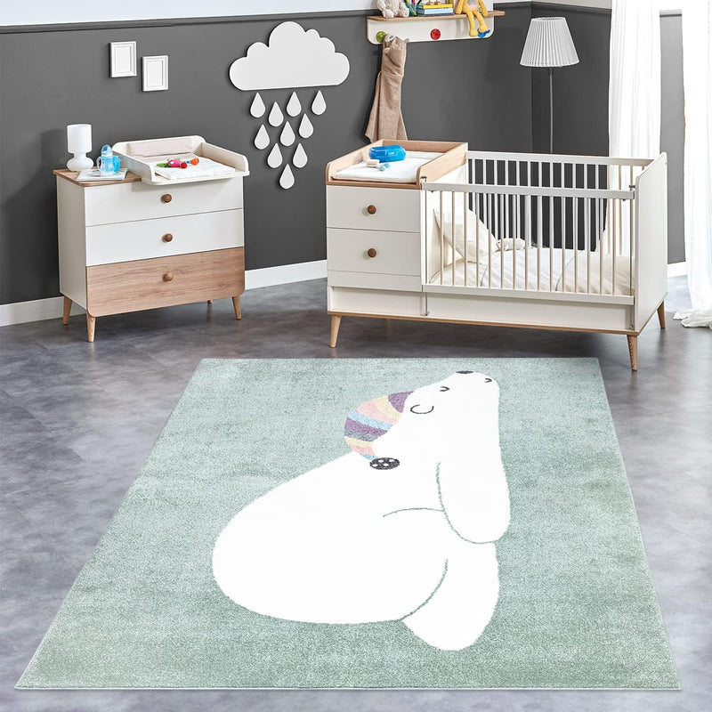 payé Teppich Kinderzimmer - Grün - 120x160cm - Pastellfarben Spielteppich Kinderteppich Kurzflor Wei