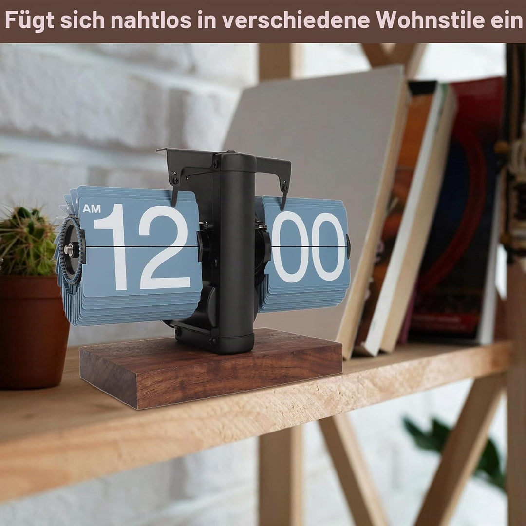 Digitale Flip-Down-Uhr, 12 Stunden Flip Uhr Retro mit Holzsockel und grosse Zahlenanzeige Tischuhr V