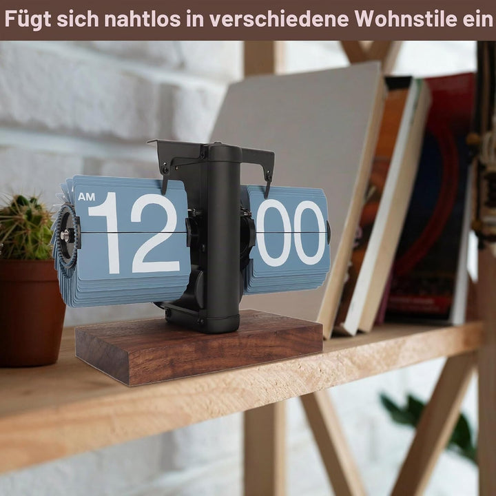 Digitale Flip-Down-Uhr, 12 Stunden Flip Uhr Retro mit Holzsockel und grosse Zahlenanzeige Tischuhr V