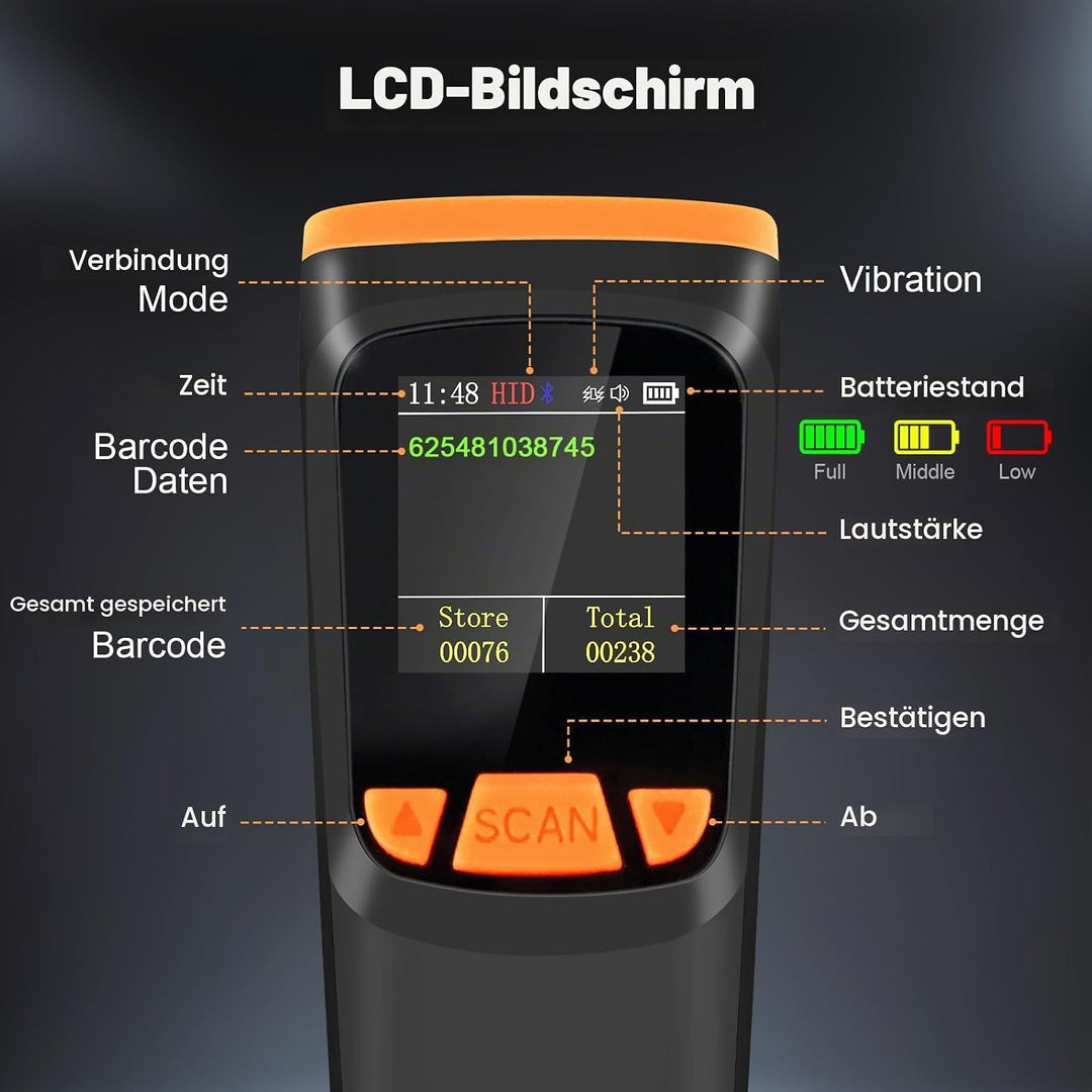 OBZ Barcode Scanner Kabellos mit Display, 1D 2D QR Code Scanner Bluetooth/USB/2.4G Wireless, Tragbar