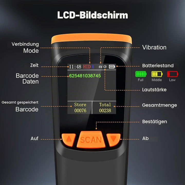 OBZ Barcode Scanner Kabellos mit Display, 1D 2D QR Code Scanner Bluetooth/USB/2.4G Wireless, Tragbar