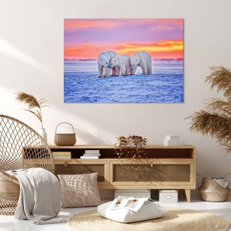 Bilder auf Leinwand 100x70cm Leinwandbild Bären Winter Schnee Familie Gross Wanddeko Bild Schlafzimm