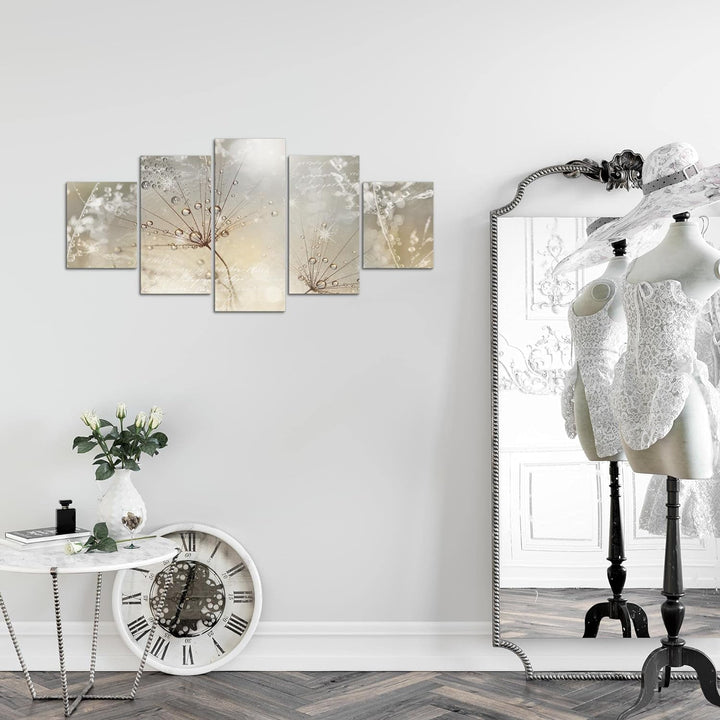 Runa Art Wandbilder Blumen Pusteblume 5 Teilig Bild auf Vlies Leinwand Deko Wohnzimmer Gräser Beige