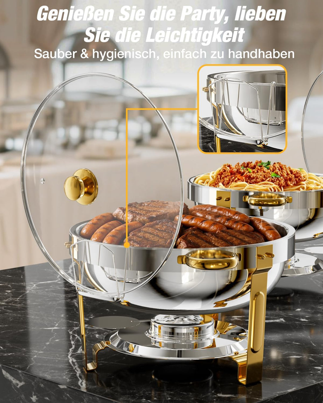 WARMOUNTS Silber & Gold Chafing Dish Buffet 5L 2er Set, Rund Speisenwärmer für Catering mit Glasdeck