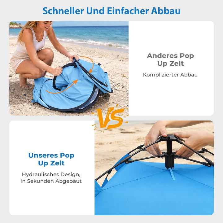 Pop Up Strandmuschel mit UV-Schutz 50+, Automatisches Strandzelt für 2-3 Personen, XXL Pop Up Strand