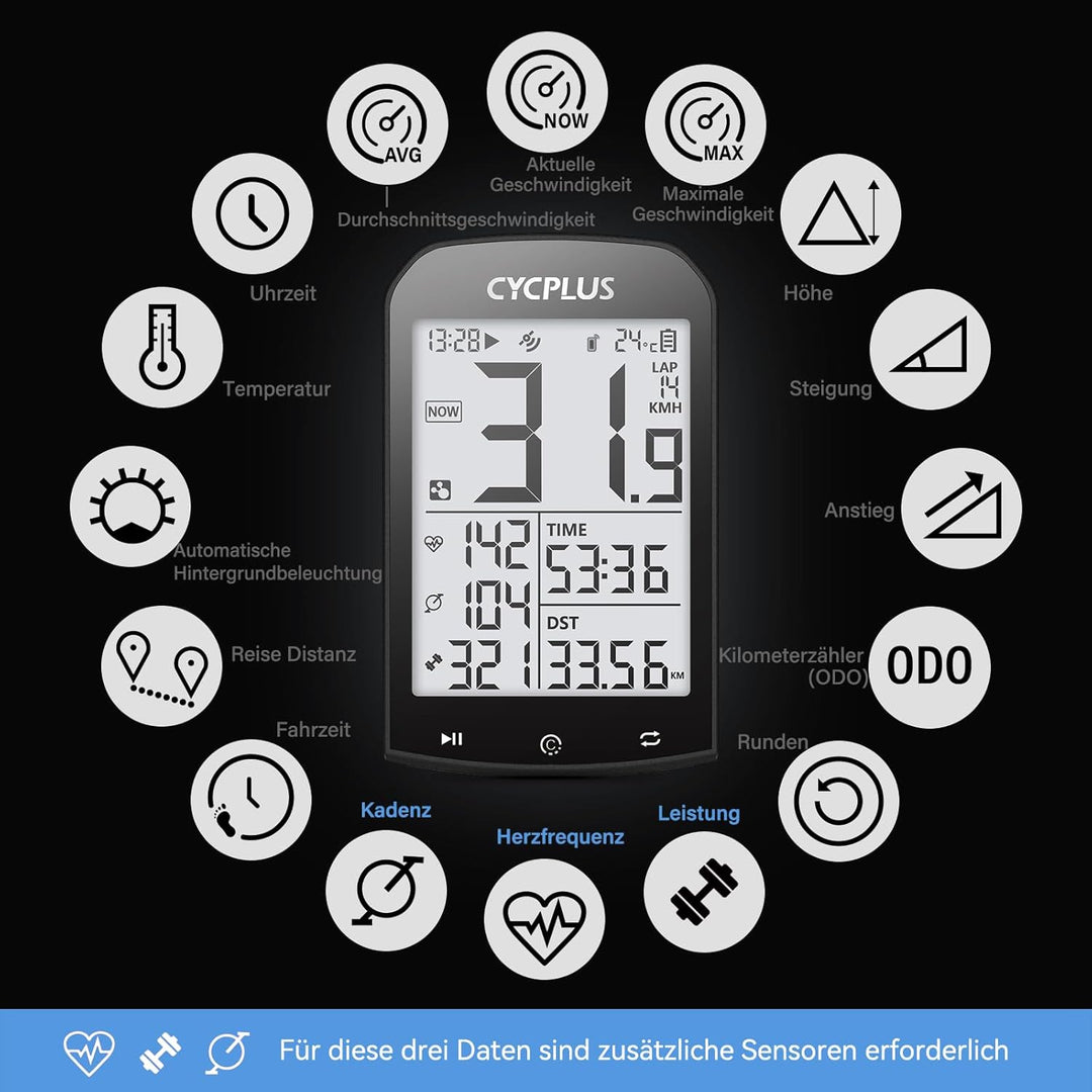 CYCPLUS GPS Fahrradcomputer Kabellos, wasserdichte Fahrrad Tachometer und Kilometerzähler, ANT+ Drah