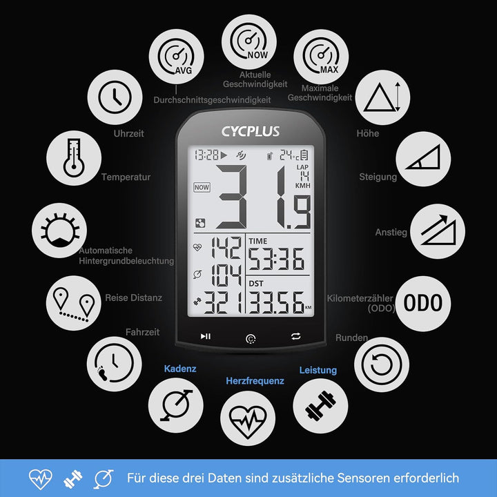 CYCPLUS GPS Fahrradcomputer Kabellos, wasserdichte Fahrrad Tachometer und Kilometerzähler, ANT+ Drah