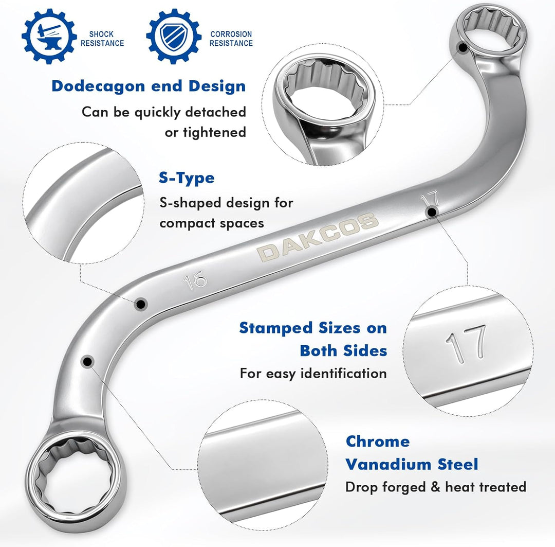 DAKCOS Doppel-Ringschlüssel-Satz, S-Form Ringschlüssel Set SW 10x11mm, 12x13mm, 14x15mm, 16x17mm, 18