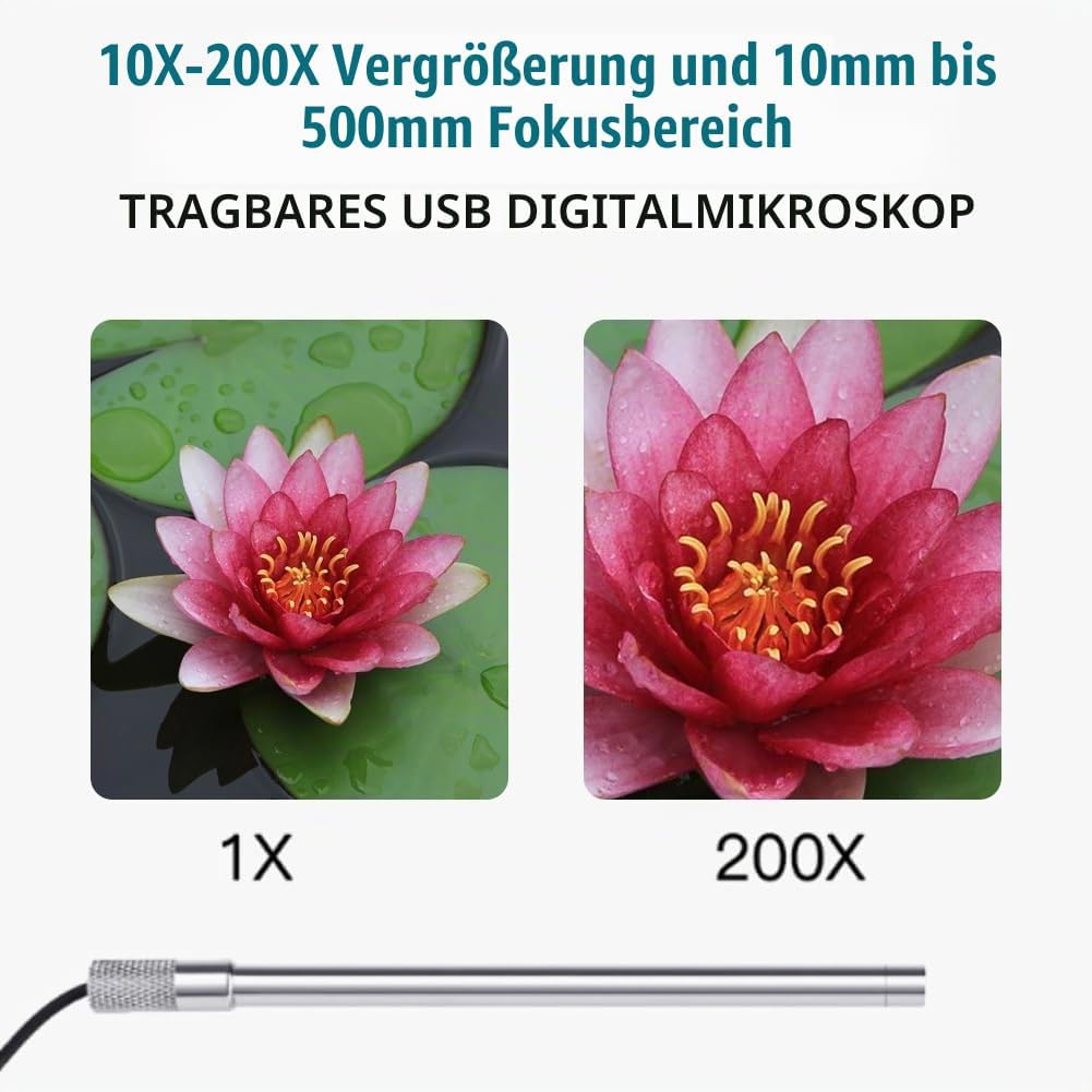 USB-Digitalmikroskop, Kamera mit 200-facher Vergrösserung und Ständer, Handmikroskop mit 2 Megapixel