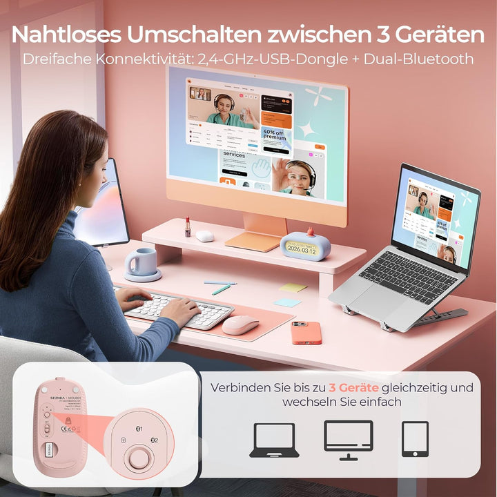 seenda MOU001 Bluetooth Maus, USB + Dual-Bluetooth 3 Geräte Verbindung, Maus Kabellos mit 3 DPI-Stuf