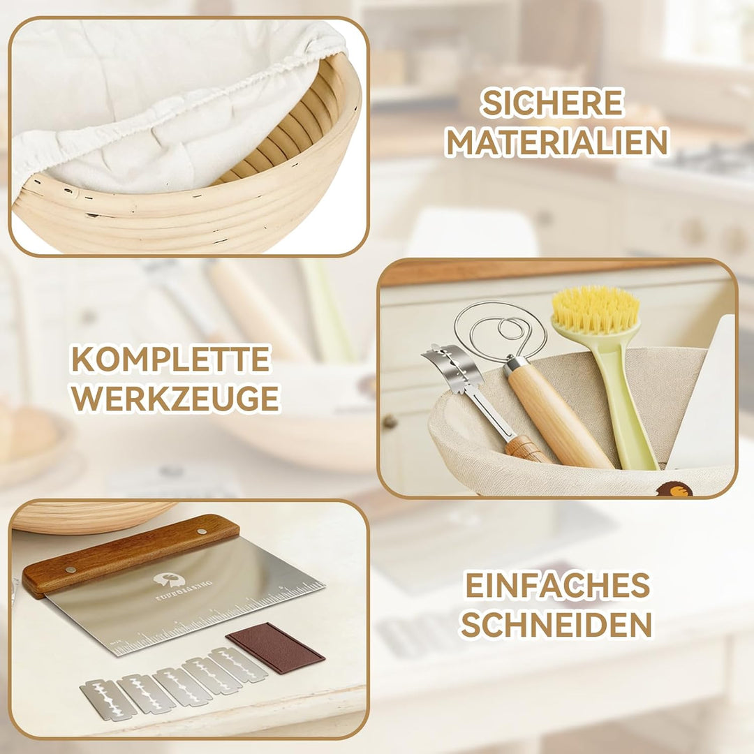 Sauerteig Starter Set, 13 Stück Gärkorb Brot Set 23cm Gärkörbchen Rattan Komplettset Brot Backen Zub