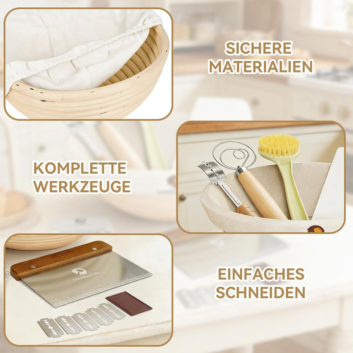 Sauerteig Starter Set, 13 Stück Gärkorb Brot Set 23cm Gärkörbchen Rattan Komplettset Brot Backen Zub