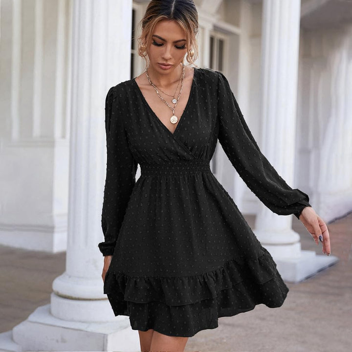 Damen Langarm Kleid V-Ausschnitt Wickelkleid Tunika Kleider Partykleid Sexy Casual Midikleid Elegant
