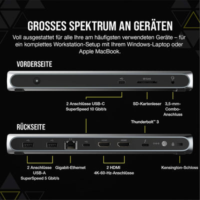 Corsair TBT100 Thunderbolt™ 3 Dock (Zwei USB-C 3.1, Zwei USB-A 3.1-Anschlüsse, Zwei HDMI-Ports, 3,5-