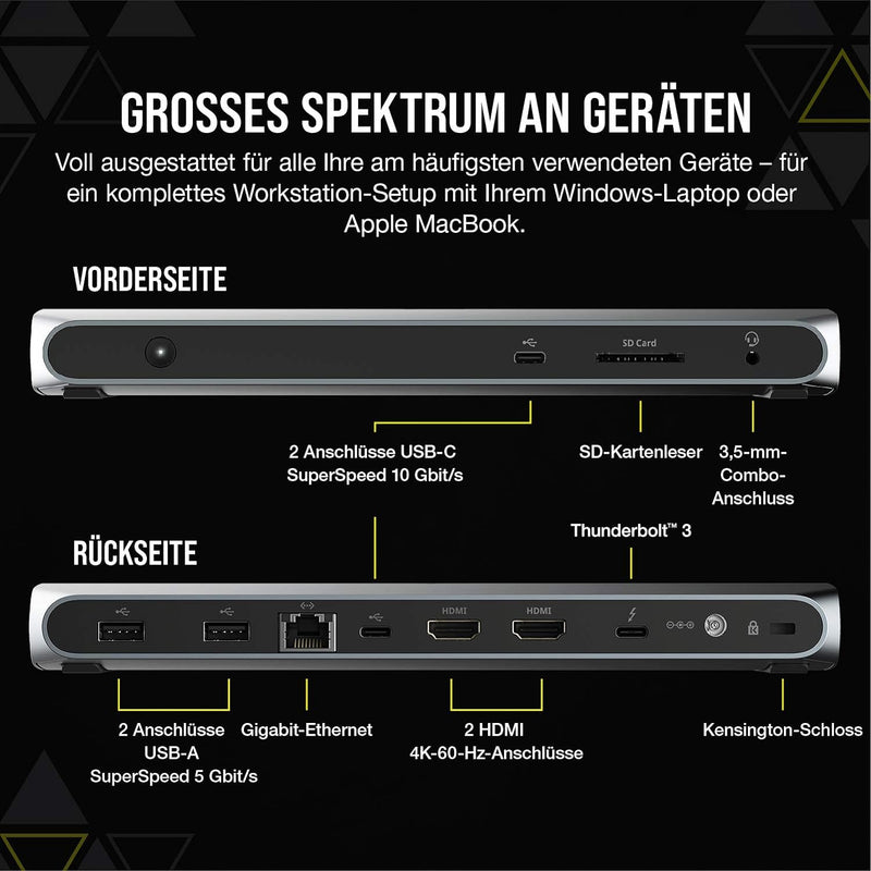 Corsair TBT100 Thunderbolt™ 3 Dock (Zwei USB-C 3.1, Zwei USB-A 3.1-Anschlüsse, Zwei HDMI-Ports, 3,5-