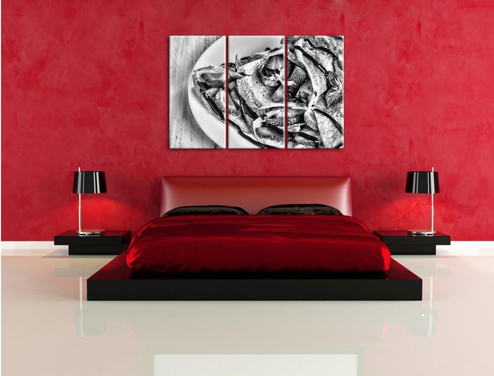 Pixxprint Monocrome, Crépes mit Erdbeeren 3-Teiler Leinwandbild 120x80 Bild auf Leinwand