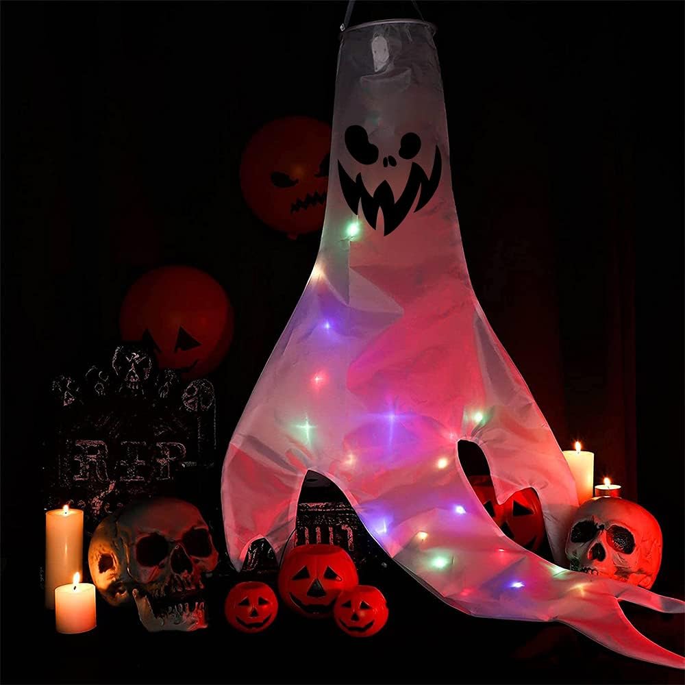 3 Stück Halloween Deko Geist mit Bunt LED Lichtern, 120x50cm Halloween Deko Outdoor Innen Ghost Wind