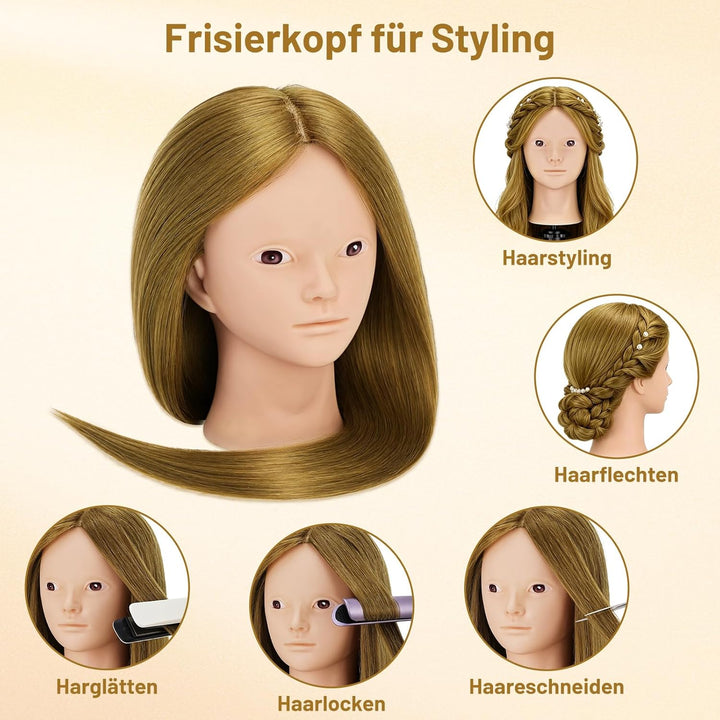 TwoWin Friseurkopf mit Haaren, 26 Zoll (66 cm) 80% Echthaar Mannequin Kopf, Make-up Übungskopf Haar