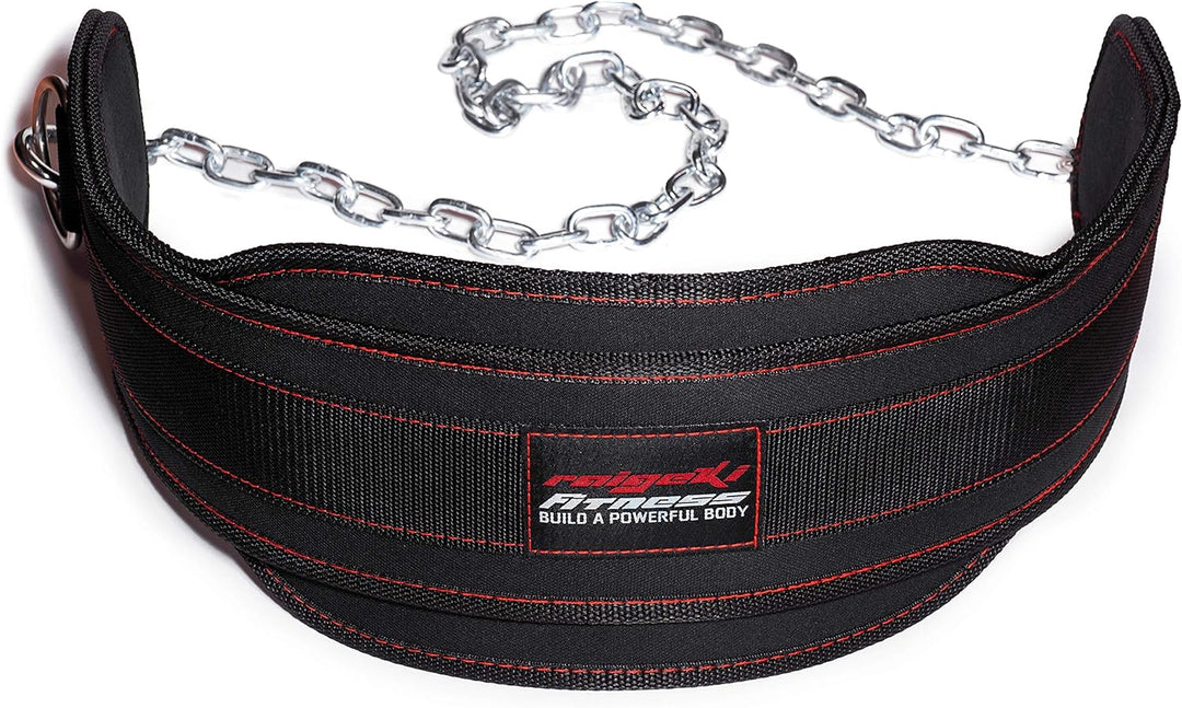 Raigeki Fitness Dip Gürtel mit Kette, 106cm Stahlkette, (+ Trainingspläne) - Gewichte Gürtel für Kra