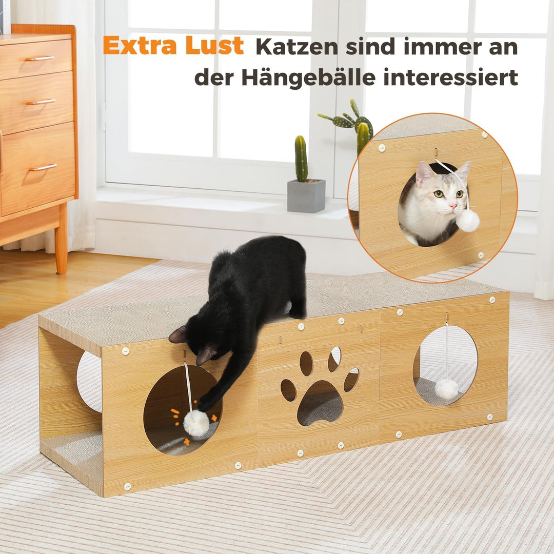 PETEPELA 100cm Kratzbrett für Katzen, hochwertige Kratzpappe mit Spielball als Möbelschutz in Beige