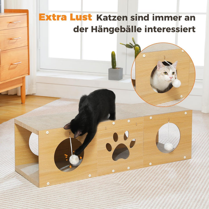 PETEPELA 100cm Kratzbrett für Katzen, hochwertige Kratzpappe mit Spielball als Möbelschutz in Beige