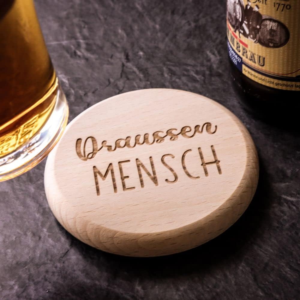 Spruchreif · Bierdeckel mit Camping-Sprüchen aus hochwertigem Buchenholz · 2in1 Untersetzer und Deck