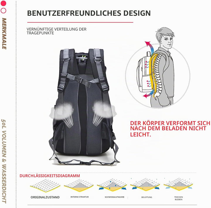 Bseash 50L Leichter wasserfester Wanderrucksack, Outdoor Sport Tagesrucksack Multifunktions Reisetas