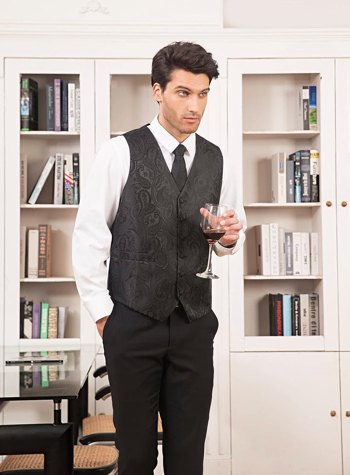 HISDERN Herren FLoral Hochzeit Weste Krawatte Einstecktuch Taschentuch Jacquard Weste Anzug Set 3XL