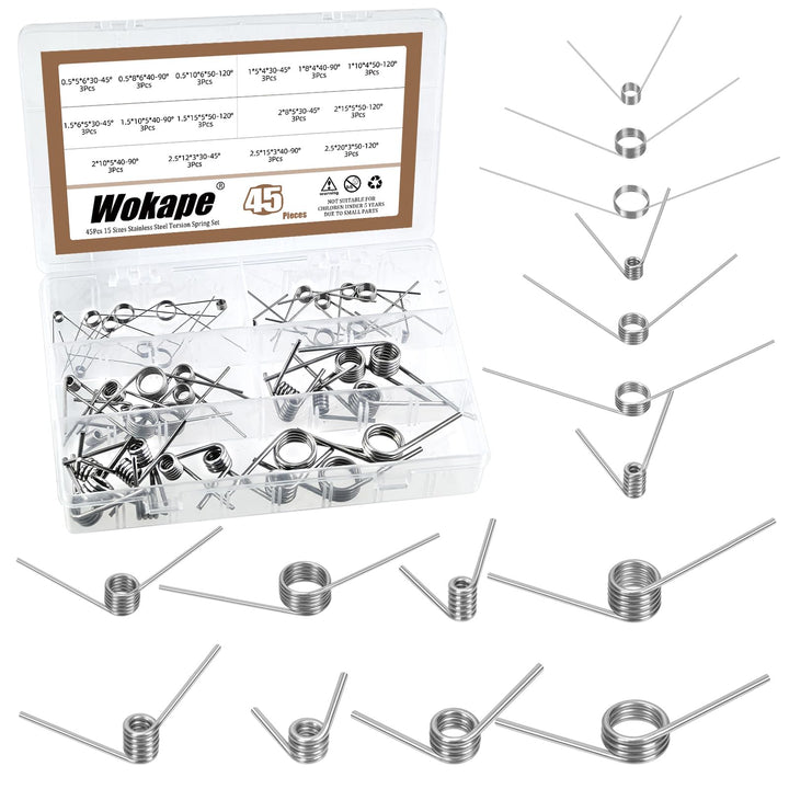 45pcs 15 Grössen Edelstahl Torsionsfeder Set, 0.5/1 /1.5/2 /2.5mm Drahtdurchmesser 45°& 90°& 120°Tor