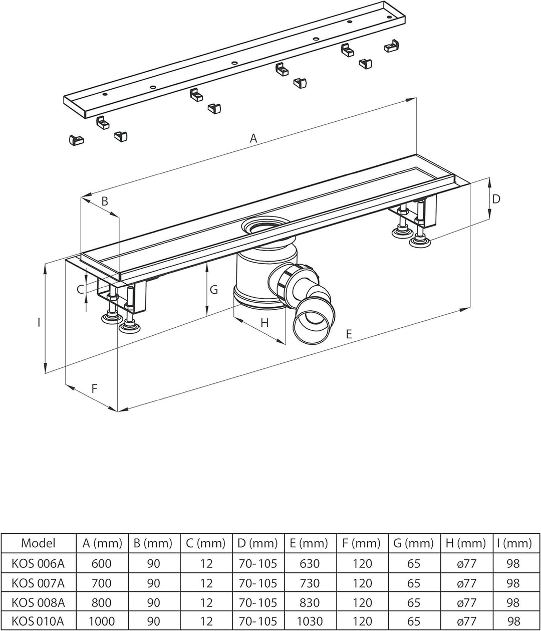 DEANTE Linearablauf mit Rost zur Montage unter Fliesen mit niedrigem Siphon KOS 006A, grau