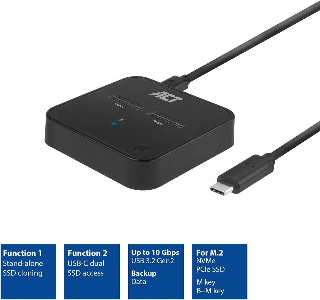 ACT M.2 NVMe/PCIe Dual SSD Docking Station, Offline Klonen und Datensicherung, USB-C 3.2 Gen2 Kabel