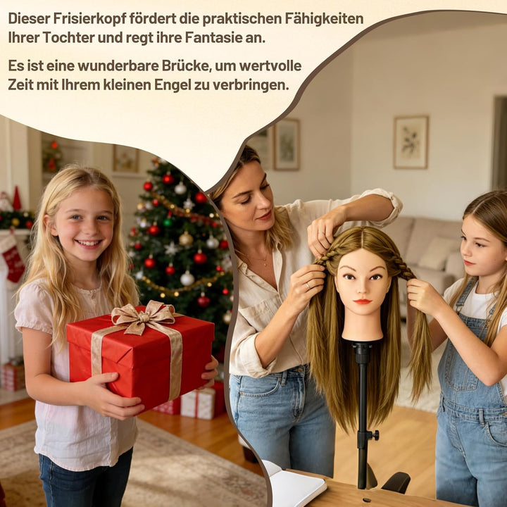 TwoWin Übungspuppe mit braunem Kopf, Echthaar, zum Flechten von Make-up, inklusive Klemmhalter, Brau