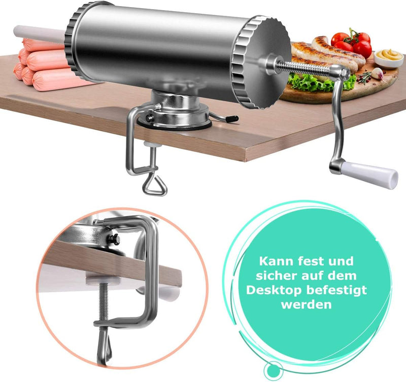 RELAX4LIFE 3 L Horizontaler Wurstfüller manuell, Wurstmaschine aus Edelstahl, inkl. 3 Füllrohre, mit