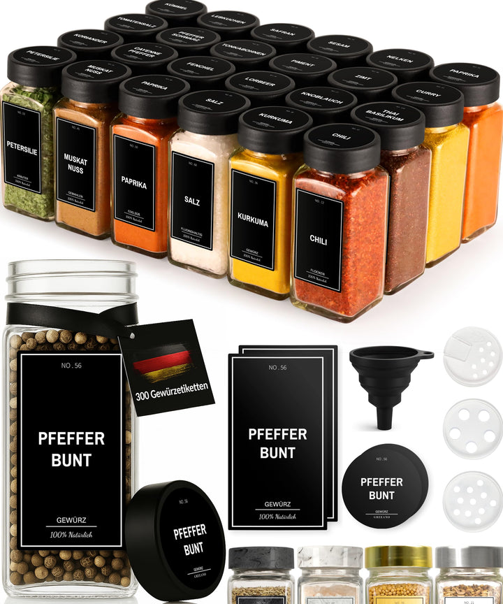 Greeano Gewürzgläser Set [24 x 120ml] mit 300 Gewürzetiketten [DE] - Gewürzgläser eckig mit Streuein