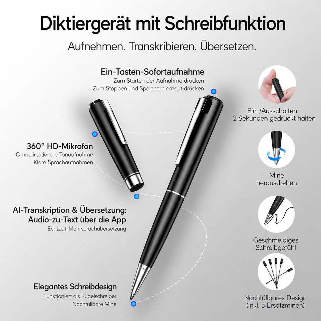 SKARA KI Diktiergerät mit Transkription, Mini Aufnahmegerät mit Spracherkennung &amp; AI Zusammenfassung