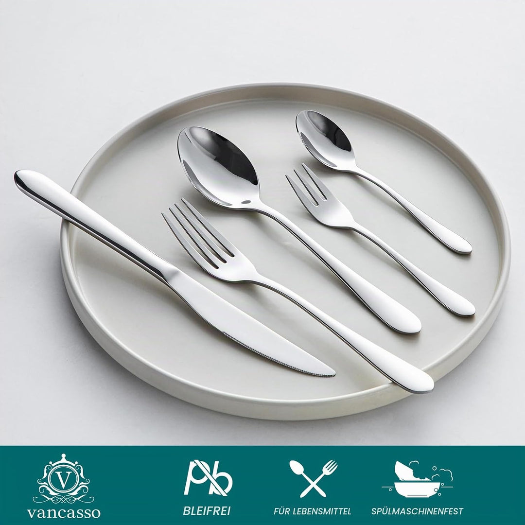 vancasso Besteck Set 6 Personen,30-Teilig Silberbesteck mit 6x Messer/6x Gabel/6x Löffel/6x Dessertl