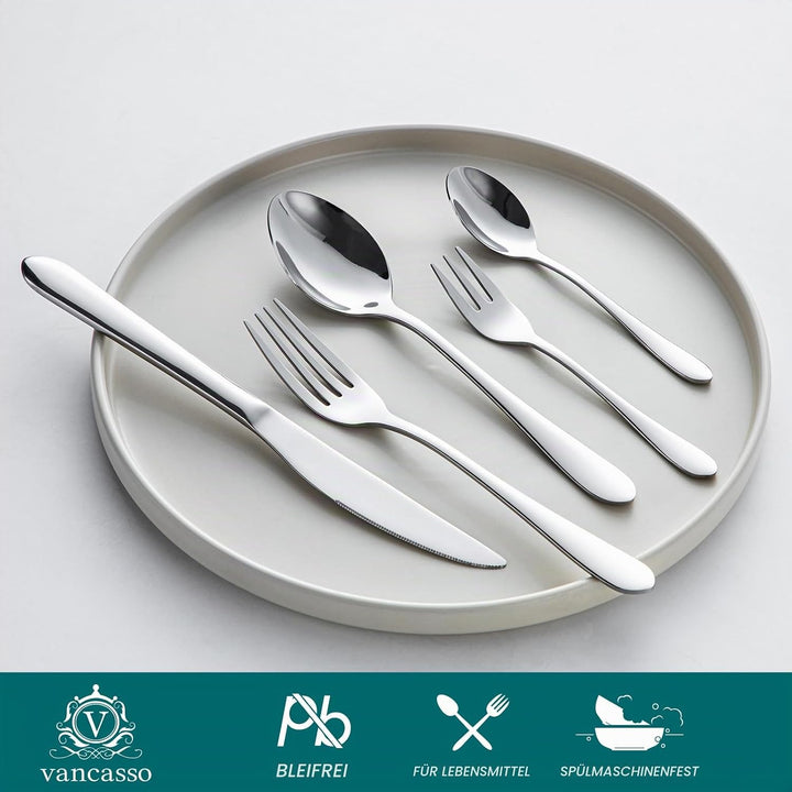 vancasso Besteck Set 6 Personen,30-Teilig Silberbesteck mit 6x Messer/6x Gabel/6x Löffel/6x Dessertl