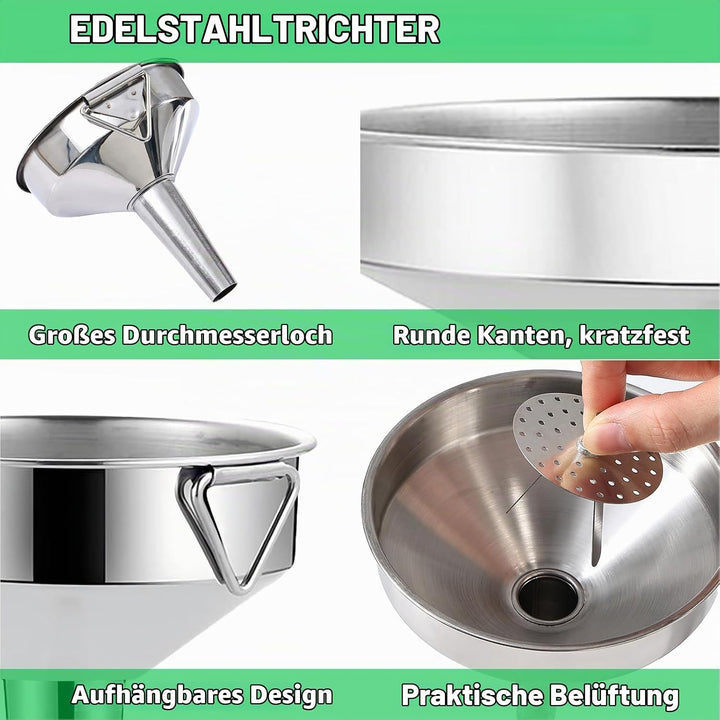 Gucass 7 Stk Edelstahl Trichter Set, Grosse Trichter Küche mit Griff, Marmeladentrichter mit Siebfil