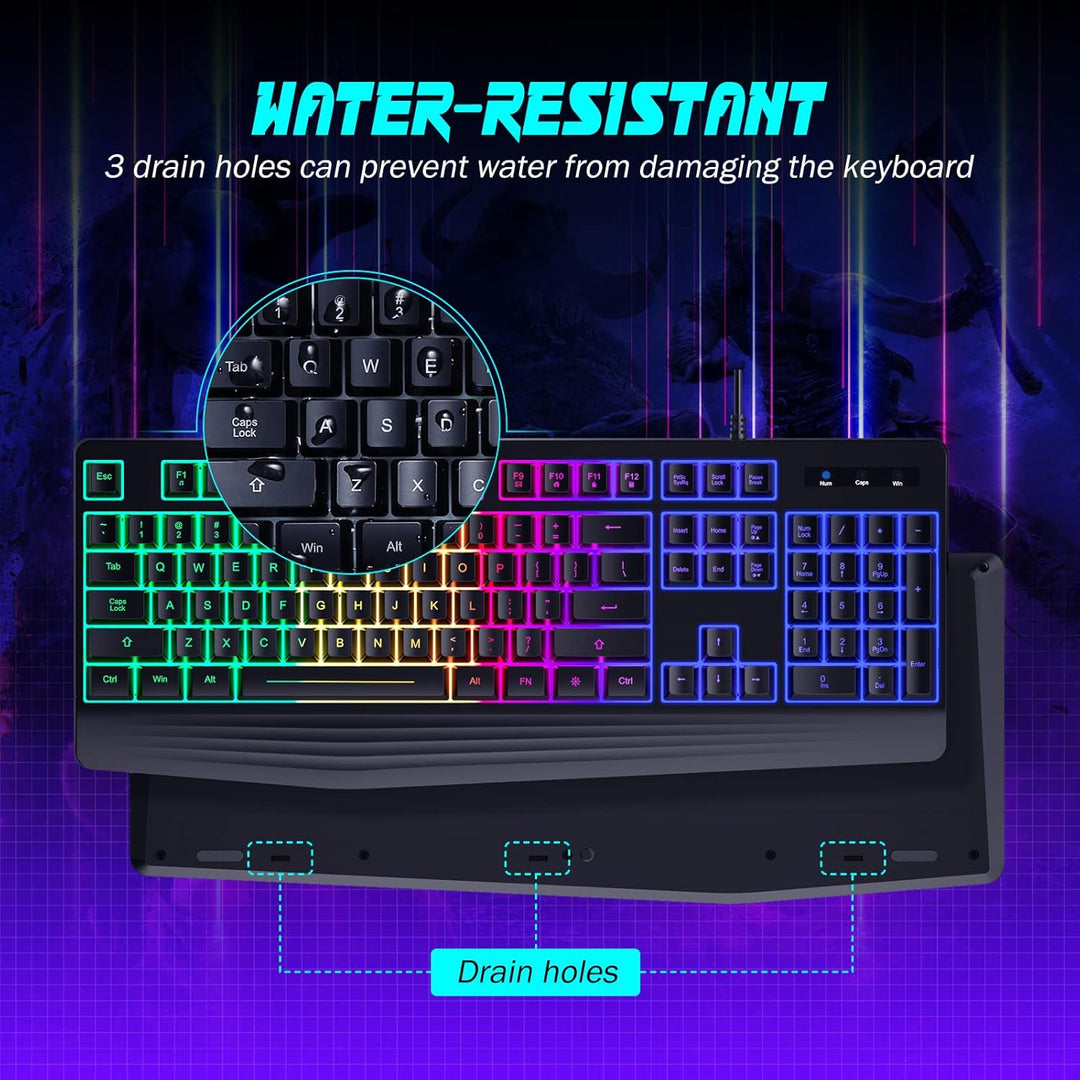 yesbeaut Gaming-Tastatur, 7-farbige Regenbogen-LED-Hintergrundbeleuchtung, 104 Tasten, leise beleuch