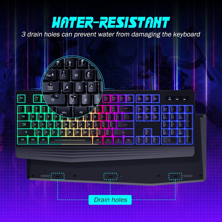 yesbeaut Gaming-Tastatur, 7-farbige Regenbogen-LED-Hintergrundbeleuchtung, 104 Tasten, leise beleuch