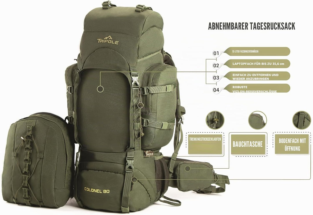 Tripole Rucksack Der Colonel-Serie Mit Innenrahmen - Mit Abnehmbarem Tagesrucksack Und Regenhülle 95