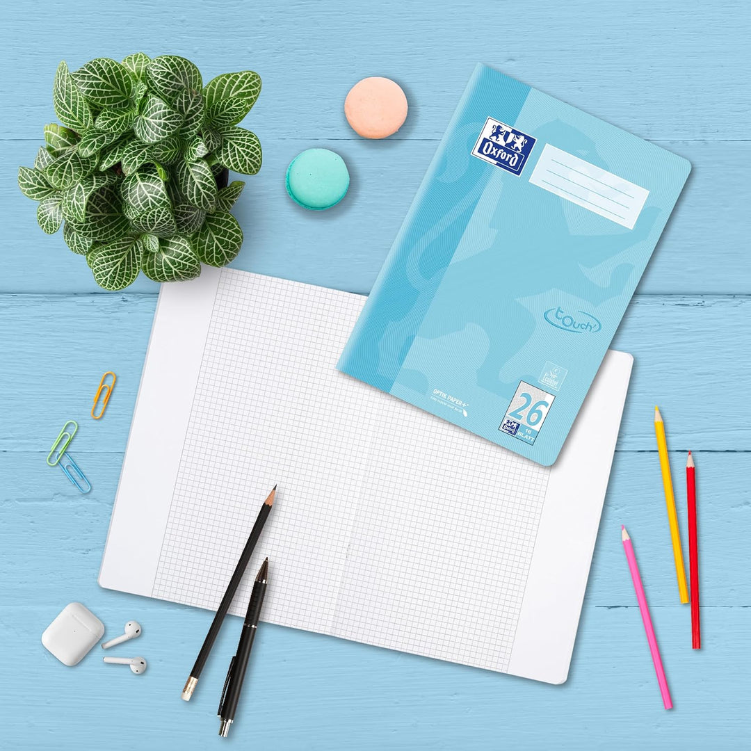 Oxford Schulheft A4 Touch, 16 Blatt, Lineatur 26, kariert, pastell blau, 15 Stück, Lineatur 26