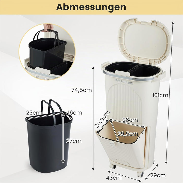 COSTWAY Mülleimer Küche, Mülltrennsystem 3 Fächer, 2 x 12L Inneneimer &amp; 14L Treteimer, Abfalleimer m