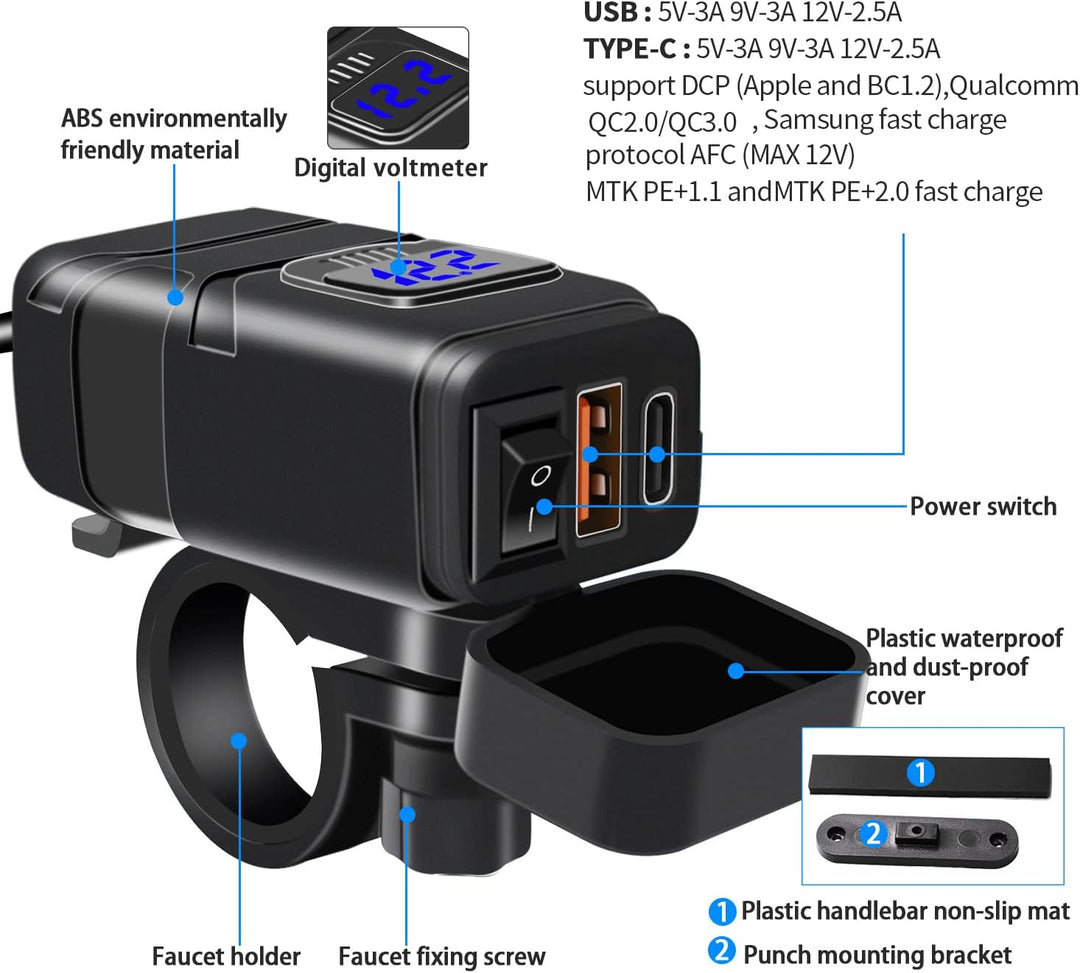 12V USB Steckdose Auto Ladegerät mit Schalter, Auto USB Ladegerät KFZ QC3.0 PD Type C mit Switch, KF
