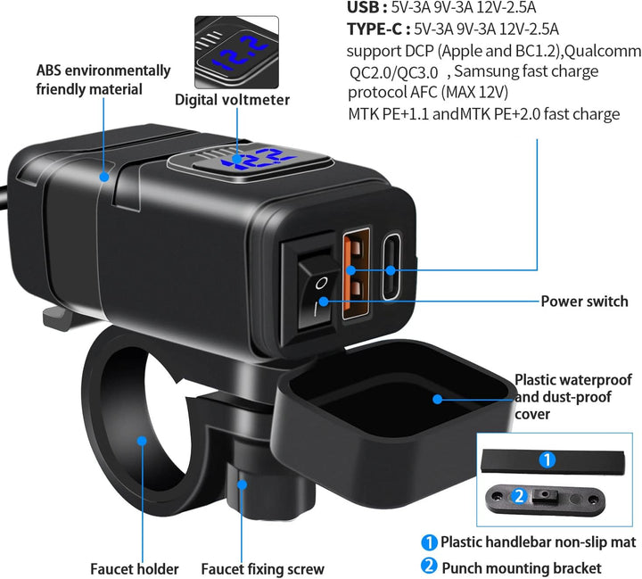 12V USB Steckdose Auto Ladegerät mit Schalter, Auto USB Ladegerät KFZ QC3.0 PD Type C mit Switch, KF