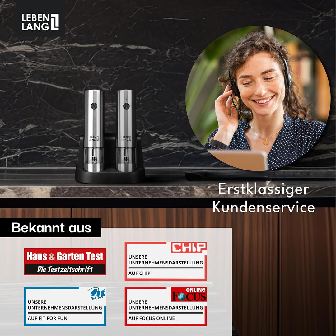 LEBENLANG Salz und Pfeffermühle Elektrisch - Wiederaufladbar & Viel Zubehör I Batterie Set I Pfeffer