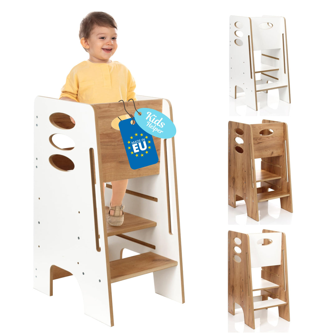 Kitchen Kids Helper Lernturm ab 1 Jahr - Höhenverstellbarer Lernturm Montessori Weiss und Eich 80cm