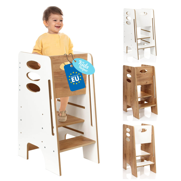 Kitchen Kids Helper Lernturm ab 1 Jahr - Höhenverstellbarer Lernturm Montessori Weiss und Eich 80cm
